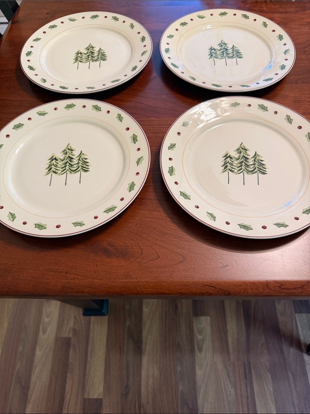 Holiday Tree Motif Cream Ceramic Dinner Plates - Set of 4